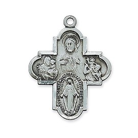 Religious & Catholic Necklace, Men or Womens, Antique Design, Deluxe Satin Silver Finished Pewter Pendant, 4-way Medal with 24" Chain. The Four Way Medal Most Simply Put, the 4 Way Medal Is a Medal