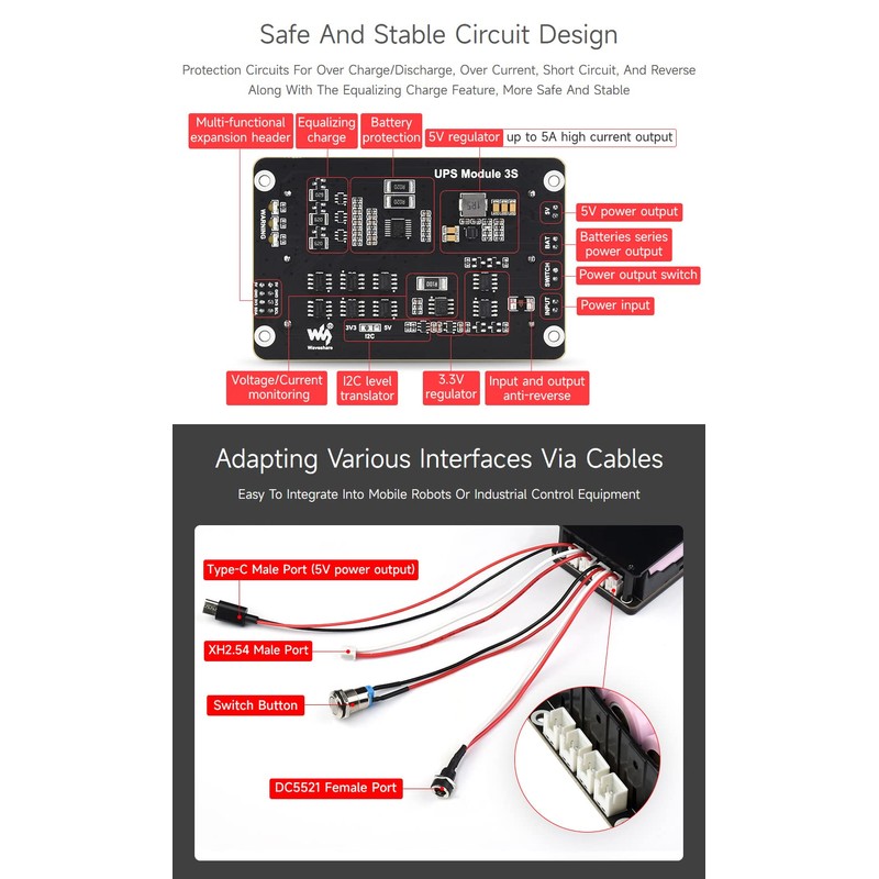 Waveshare Uninterruptible Power Supply (UPS) Module, Supports Charging and Power