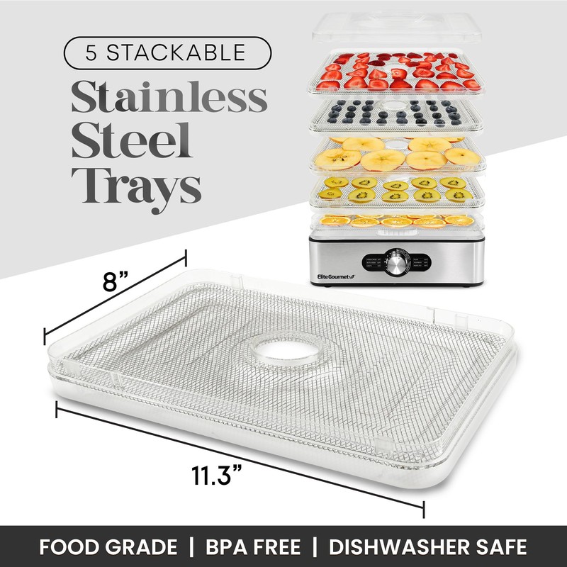 Elite Gourmet EFD3321X Food Dehydrator, Stainless Steel Trays Adjustable Temperature