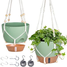 10 Inch Hanging Planters for Indoor Plants, 2 Pack Self Watering Hanging Baskets Flower Pots with Drainage Hole, Visual Reservoir & 2 Kinds of Plant Hanger for Outdoor Garden Home Decor
