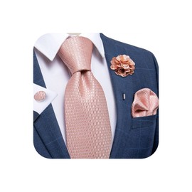 DiBanGu Silk Men Solid Pink Tie and Lapel Pin Set Woven Necktie with Brooch Pocket Square Cufflinks Wedding Ties