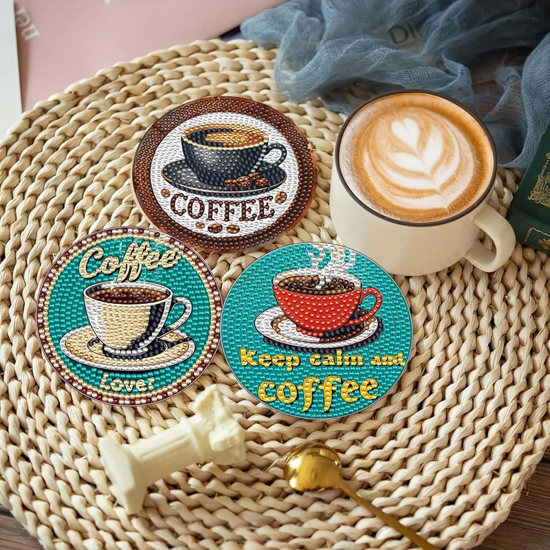 8 Pcs 5D DIY Coffee Diamond Paintings Coasters with Holder