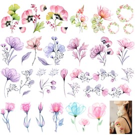 Casciybo 10Sheets Flower Temporary Tattoos for Women Girls, Fake Watercolor Rose Lily Tattoo Stickers Waterproof Art for Face Body Arm Birthday Party Favors Makeup Supplies Gifts