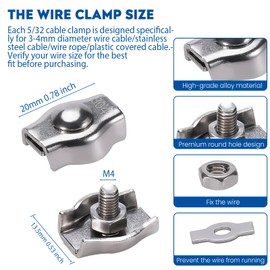 8PCS 1/8 Inches M3 Stainless Steel Wire Rope Cable Clip Clamp, M3 Simplex Single Bolt Wire Rope Clips for 1/8" Wire Rope