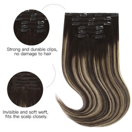 HOTBANANA Human Hair Clip in Hair Extensions, Balayage Natural Black to Light Blonde 120g Clip in Hair Extensions Real Human Hair Straight Remy Hair Clip Ins Dark Roots Ombre 22 Inch 7pcs