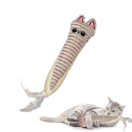 Andiker Catnip Toys for Indoor Cats,10.24inches Plush Toy for Cats with Crinkle Paper Inside,Fluffy cat Toy with Feather and 2 Scratcher (Grey)