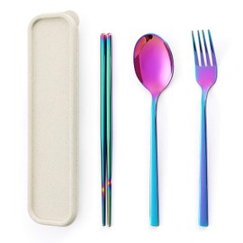Sunwinc 3 Pcs Camping Silverware,Stainless Steel Travel Outdoor Flatware Set Chopsticks Spoon Fork/Portable Travel Work Utensils Cutlery Set with a Wheat Straw Case (Rainbow-1 Set)