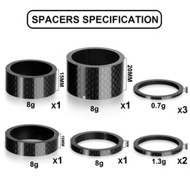 AEYINO 11PCS Headset Spacer Bike 1-1/8 Fork Stem Aluminum Carbon Fiber Washer - 20 15 10 5 3 2 mm Mountain Bikes Road Bicycle Threadless Ultralight Headset Spacers, fit MTB Road BMX Folding Bikes.