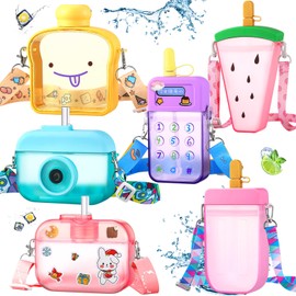 Queekay 6 Pcs Water Bottles with Straws for Kids Watermelon Adjustable Strap Leakproof Plastic Watermelon Ice Cream Camera Bread Biscuits Shaped Water Bottle for School Travel