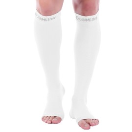 Doc Miller Open Toe Compression Socks Women and Men, Toeless Compression Socks Women, Support Circulation Shin Splints and Calf Recovery, Varicose Veins, 1 Pair White Knee High, Medium, 20-30mmHg