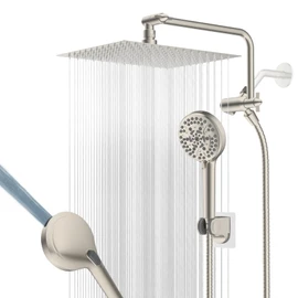 12" All Metal Shower Head, High Pressure 10-Spray Handheld Showerhead Rainfall Shower Head Combo with 11" Adjustable Shower Extension Arm, 71" Hose, Shower Head Holder, Brushed Nickel