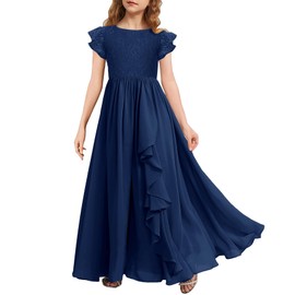 MITILLY Girls Lace Flower Maxi Dress Ruffle Sleeve A-Line Flowy Junior Bridesmaid Navy Blue Dresses for Wedding Party Size 10 Years Blue