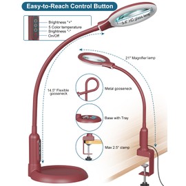 10X Magnifying Glass with Light and Stand, LED 5 Color Modes, Brightness Stepless Dimming Lighted Magnifier Hands Free, Flexible Gooseneck Desk Lamp with Clamp for Close Works, Crafts, Hobby - Red