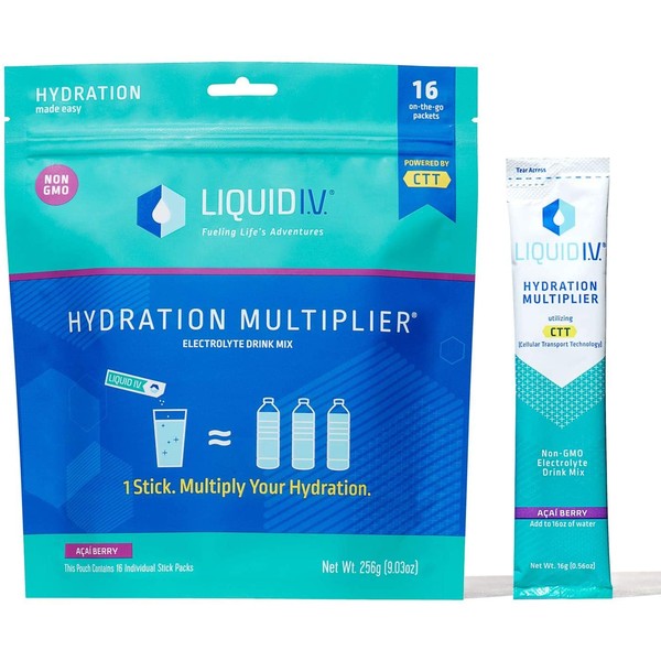 Liquid I.V. Hydration Multiplier, Electrolyte Powder, Easy Open Packets, Supplement Drink Mix (Acai Berry) (16)