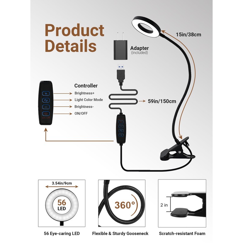 Clip on Lamp,5 Colors+10 Brightness LED Desk Lamp with Clamp,550lm