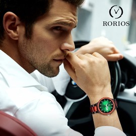 rorios Men's Wooden Watch Luminous Quartz Analogue Watch with Date Natural Lightweight Handmade Wooden Watch for Men, Green, Bracelet