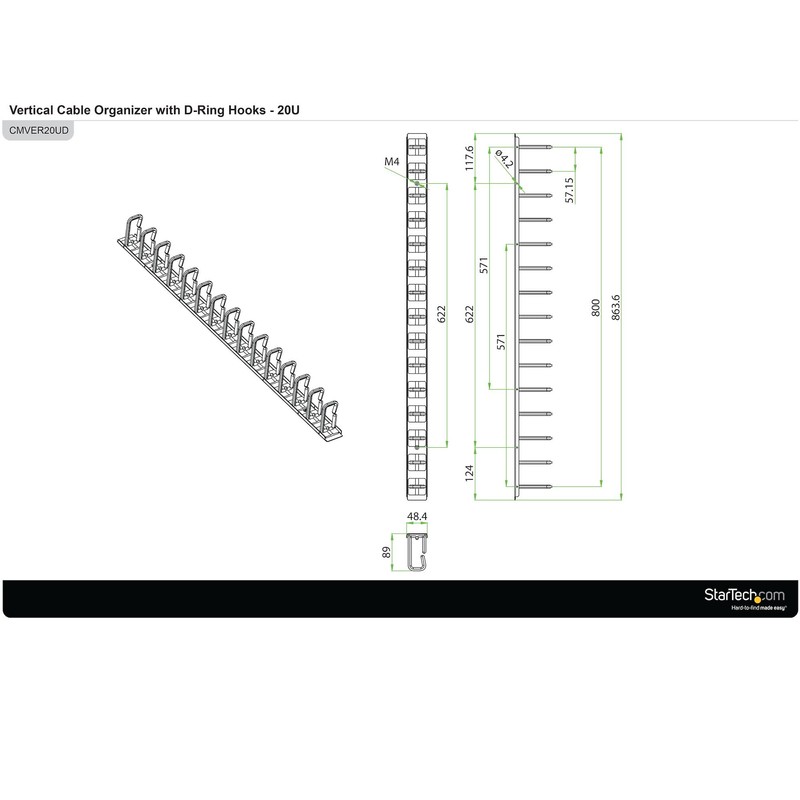 StarTech.com Vertical 0U Server Rack Cable Management w/ D-Ring Hooks