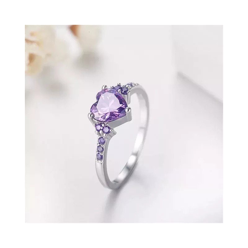 Dtup Anillo De Compromiso Corazón Morado Amatista Plata S925 Nf