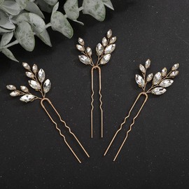 Teyglen 3pcs Crystal Wedding Hair Pins Set Handmade Bridal Crystal Hair Pins Clips Wedding Hair Accessories for Bride Gold Silver Rhinestone Bridal Hair Pieces for Women Girls (Gold)
