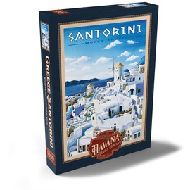 MyPuzzle Greece Santorini - In Blue and White, Vintage Travel Poster - Premium 1000 Piece Puzzle - MyPuzzle Special Collection by Havana Puzzle Company
