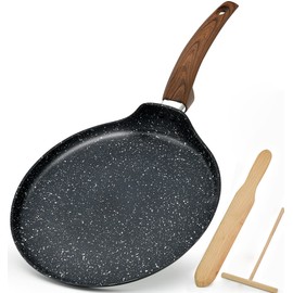 Crepe Pan Nonstick with Spreader Spatula, 11'' Granite Stone Coating Dosa Tawa Pan, Flat Skillet Grill for Tortilla, Omelette, Pancake Induction Bottom Glass, Ceramic, Gas Stove Top, Wooden Handle