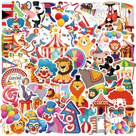 Funny Circus Stickers, 50PCS Cool Carnival Animal Stickers for Notepad Laptop Scrapbooking Water Bottle, Vinyl Waterproof Clown Show Decals for Boys Girls