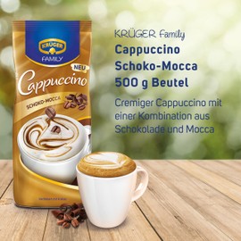 KRÜGER Family Cappuccino Schoko Mocca, aromatisiertes Getränkepulver mit löslichem Bohnenkaffee, koffeinhaltig, 500 g Beutel