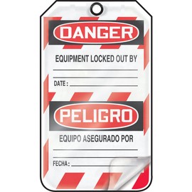 Accuform Lockout Tags, Pack of 25, Bilingual Danger Equipment Lock-out My Life is on the Line with Picture Insert, US Made OSHA Compliant Tags, Tear & Water Resistant Self-Laminating PF-Cardstock with Grommets, 5.75"x 3.25", TSP107LCP