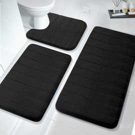 COCIVIVRE 3 Pieces Memory Foam Bath Mat Sets 19.7"x31.5" + 23.6"x15.7" and U-Shaped 23.6"x19.7" for Bathroom Rugs, Toilet Mats, Non-Slip, Water Absorption, Machine Washable, Black