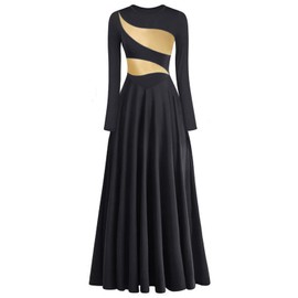 yrsZX Women's Praise Dance Dress Leaf Gold Metallic Long Sleeve Liturgical Worship Lyrical Dance Costume Church Robe Tag L, Black