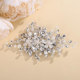 Teyglen Silver Rhinestone Bridal Hair Clips Flower Bride Wedding Hair Clips Crystal Wedding Hair Barrettes Bridal Crystal Pearl Hair Piece Hair Accessory for Women (Silver)
