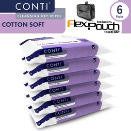 RE-GEN FlexPouch Dry Wipe Dispenser & Conti Cotton Soft 30x28cm Patient Cleansing Wipes, 6 Pack | Professional Personal Care Wipes | Ideal for Home Care & Hospitals | Adult Incontenance Aid