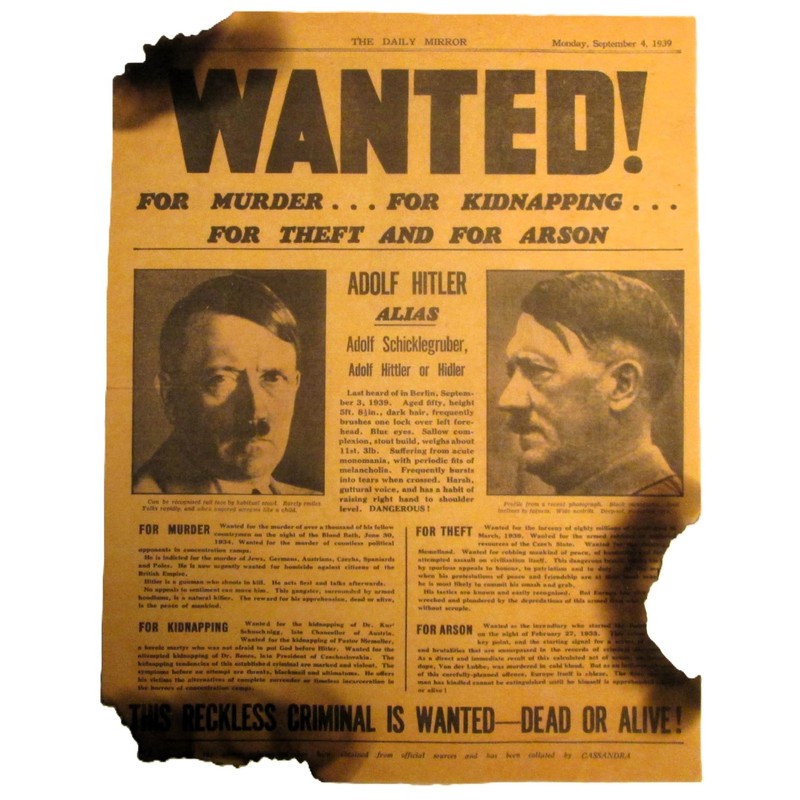 Framed World War Two, WW2 Newspaper. Nazi ADOLF HITLER Wanted