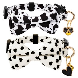 Gelwoo 2 Pack Cotton Cat Collar with Bow Tie and Bell for Male Female Cats,Soft Fancy Breakaway Kitty Kitten Collar with Green and Pink Dinosaur Patterned Design for Boy Girl Cats. (Cow&Heart)