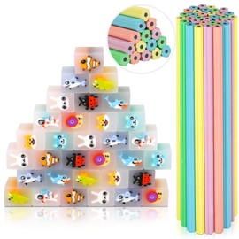 64 Pencils with Eraser Children's Set, 32 Funny Erasers Children + 32 Petals Pencil Children, Pens Children Party Bag Children's Birthday, Cool School Supplies Boys and Girls