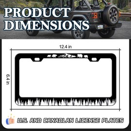 Forest Tree License Plate Frames - 2 Pack Mountain Bear Animal License Plate Holder Covers,Stainless Steel Rust-Proof Waterproof Car Decorative Tag Frame for Standard US 12x6 Inch