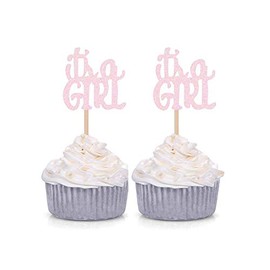 Juego de 24 púas para decoración de cupcakes con purpurina rosa «It's a Girl»