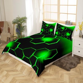 Feelyou Green and Black Bedding Duvet Cover Set Full Size Honeycomb Bedding Set for Kids Boys Girls Decor Geometrical Comforter Cover Set Microfiber Beehive Geometric Bedspread Cover