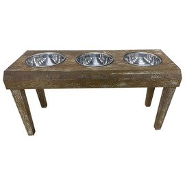 828 Pet Supplies | 3 Bowl Dog Feeder - Aluminum Bowls - Washed Oak Finish - Raised Dog Feeder - 16 inch Tall - Brown