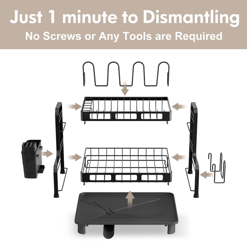 BOOSINY Dish Drying Rack, 2 Tier Large Stainless Steel Black