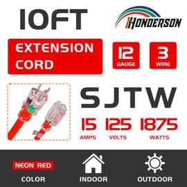 HONDERSON Indoor Outdoor Extension Cord Weatherproof with Lighted End, UL Certified, 12 Gauge 10FT Red 3 Prong Heavy Duty, 12/3 SJTW 15A Power Cord for Outdoor Lights, Lawn