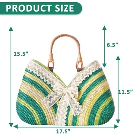 QTKJ Beach Bag, Tote Bag for Women, Lace Bow Handmade Straw Bag, Bamboo Carrying Handle, Handbag Suitable for Vacation Travel Daily Matching(Green)