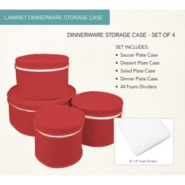 LAMINET 4 Piece Quilted Plate Storage Set - Holds Up to 48 Plates with Padded Inserts - RED