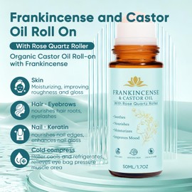 Frankincense and Castor Oil, Castor Oil Roll On with Rose Quartz, 100% Pure, Organic, Cold-Pressed, Firms Skin, Reduces Fine Lines & Hormone Balance, Suitable for Face, Neck, Abdomen, 50ML/1.7OZ (1)