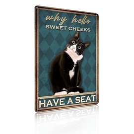 Funny Bathroom Cat Sign Why Hello Sweet Cheeks Vintage Tin Sign for Bathroom Toilet Bar Wall Decor 8x12 Inch (2546)