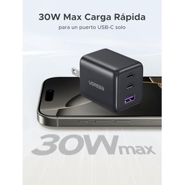 UGREEN 30W GAN Cargador Tipo USB C con 3Puertos, Cubo de Carga Rápido Negro