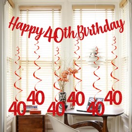 bng-bng 40th Birthday Party Decorations Red Happy 40 Banner Bunting and Hanging Swirls, Streamers for Women Lady Forty Years Old Anniversary Decor Party Supplies