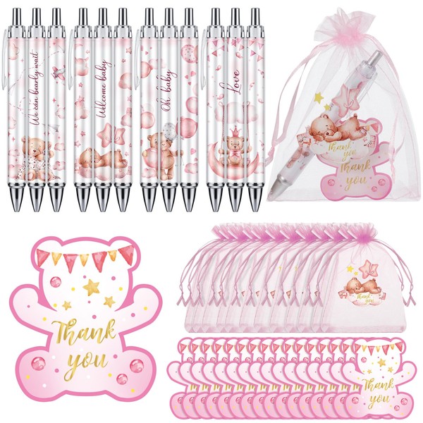Chuangdi 50 Sets Baby Shower Favors Gifts for Guests Includes 50 Pcs Ballpoint Pens, Thank You Cards and Organza Bags(Classic Style)