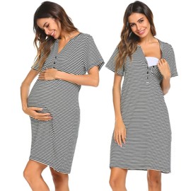 Ekouaer Nursing Nightgown Striped Women Short Sleeve Breastfeeding Sleep Dress Maternity Delivery/Labor Gown Black XL