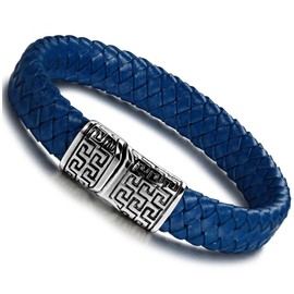 FIBO STEEL Stainless Steel Clasp Braided Leather Bracelet for Men Cuff Bracelet 7.5 inches Blue